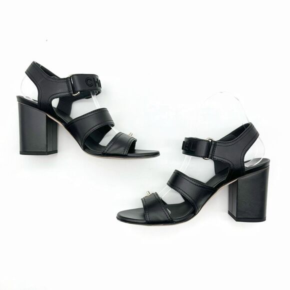 CHANEL 2021 Turnlock Black Slingback Heels Size 39 Interlocking CC Logo Sandals - Picture 8 of 14